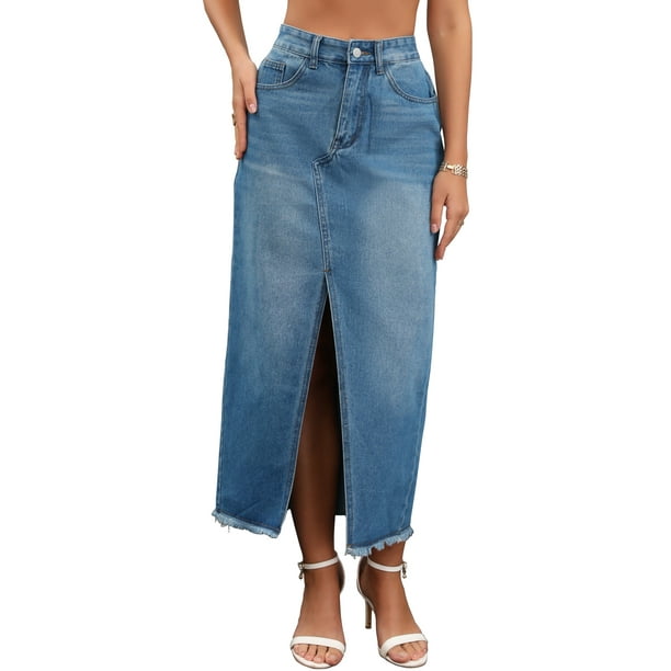 Falda de mezclilla de mujer Inspire Chic, de cintura alta, con abertura frontal, dobladillo sin terminar, falda maxi lavada con bolsillos, falda de jeans S azul