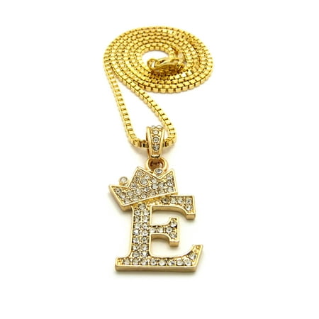 E Initial Necklace For Girls Unisex Stone Stud Tilted Crown Letter Initial Micro Pendant 2mm Box Chain Necklace, 20