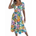 thumbnail image 2 of Women's Short Sleeve A Line Dresses Square Neck Flowy Floral Smocked Midi Dress for Casual Green M, 2 of 10