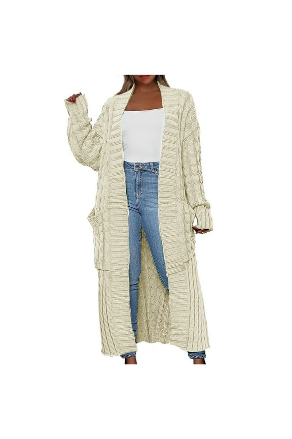 Womens Cable Knit Long Cardigan Sweaters with Pockets Casual Open Front Outerwear Comfy Long Sleeve Coats Fall Knitwear Winter Cardigans