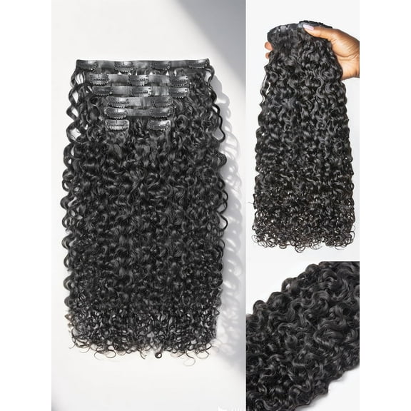 LUVME Messy Burmese Curly Clip in 14" Hair Extensions Real Human Hair Fullness with 2 Pack for Women Brazilian Remy Natural Black