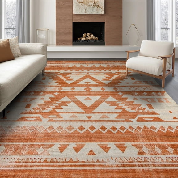ODIKA 8'x10' Washable Area Rug Non-Shedding, Easy Care, Geometric Abstract Interlocking Vintage Distressed Mid Century for King Size Bedroom Under Bed, Master Suite