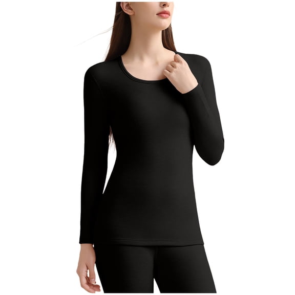 MOJOGO Women's Thermal Underwear Solid Color Long Sleeve Crewneck Base Layer Strenchy Undershirt for Cold Weather Black 2XL