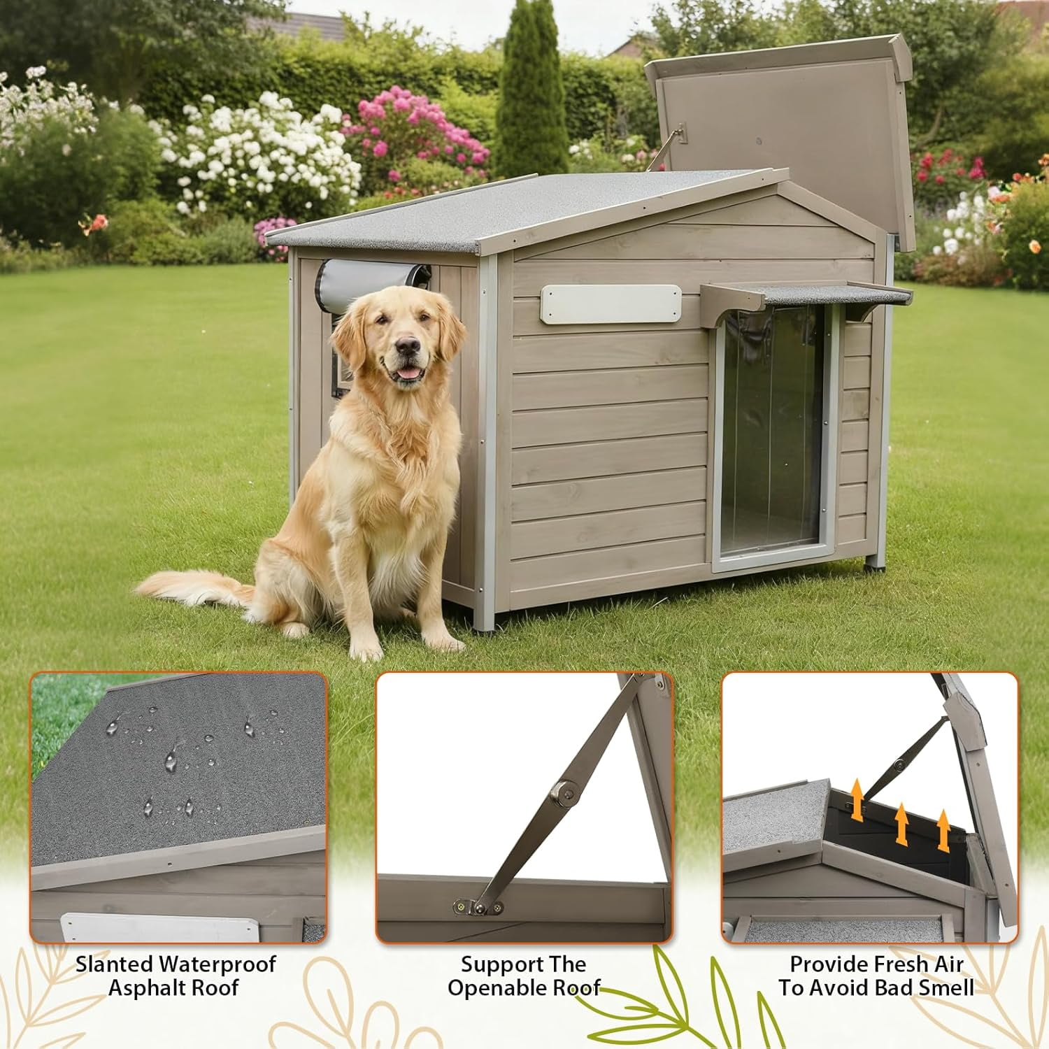 PETSCOSSET 40"L Outdoor Dog House, Wooden Dog Kennel with Asphalt Roof for Medium Dog, Gray