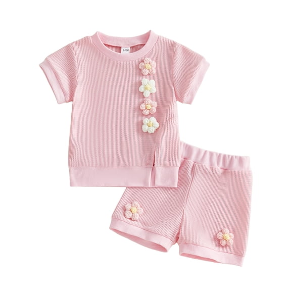 XAOFW Girl's Outfit Sets Short Sleeve Crewneck Floral Embroidery Tee Shirts And Solid Color Shorts Two Piece Kids Outfits Holiday Vacation Versatile Trendy Baby Clothing Sets