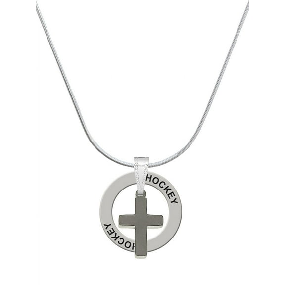 Delight Jewelry Stainless Steel 5/8" Cross - Hockey Ring Charm Necklace, 18"