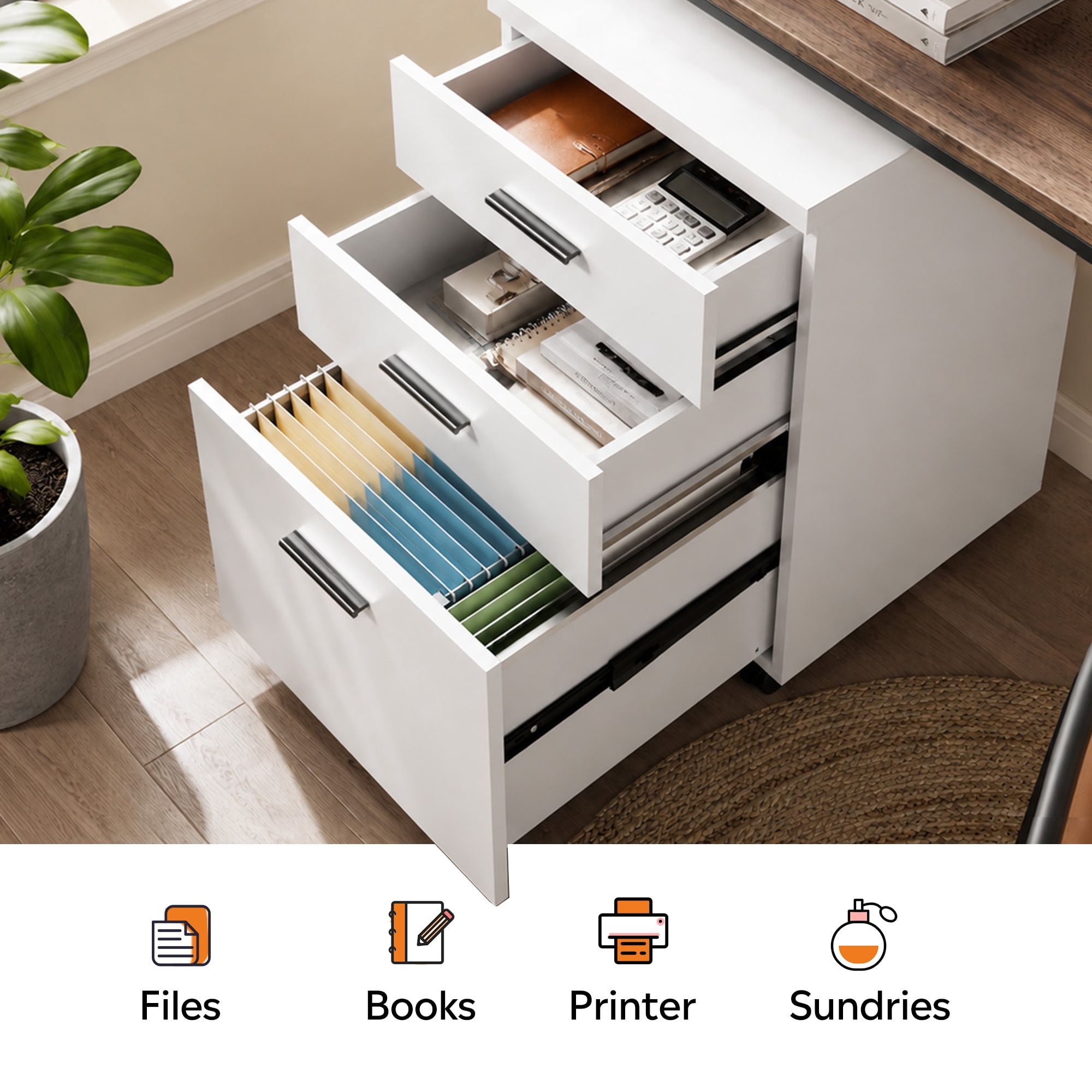 GALAXHERO Wood Rolling File Cabinet with 3 Drawers(Widen), Portable Vertical Mobile Wooden Storage Filing Cabinet, for Home Office, White