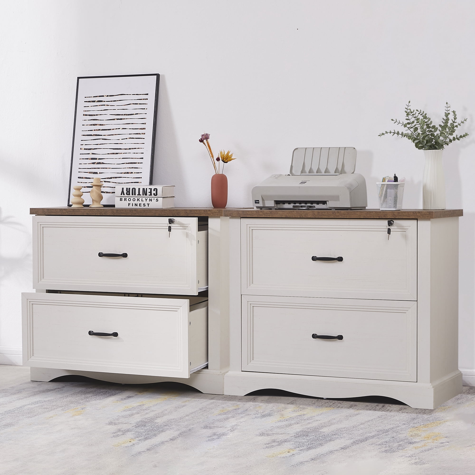 Haooyeah 31.5" Farmhouse Filing Cabinet with Locking Drawer, 2 Drawer File Organizer with Adjustable Rails for A4/Letter/Legal, Large Office Storage, Antique White