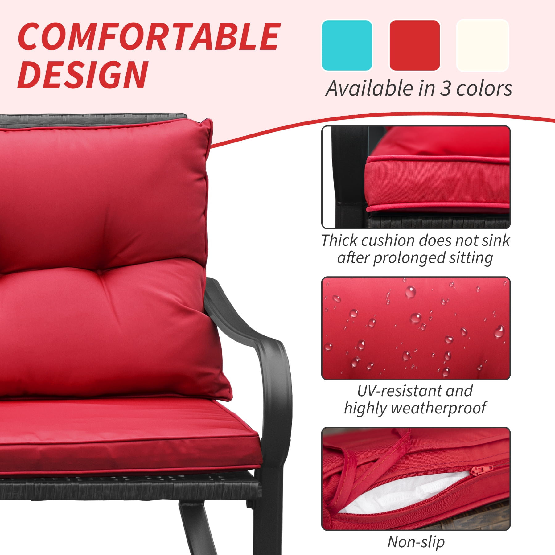 Leumius 3-Piece Outdoor Rocking Chair Set,Wicker Rocking Bistro Patio Set with Cushions & Table for Backyard, Porch, Balcony, Poolside,Red
