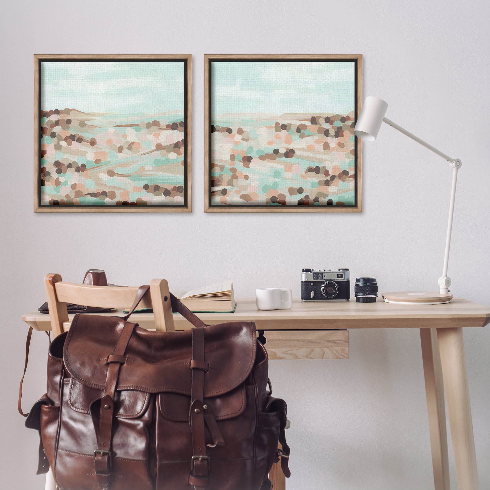 Stupell Industries Mint Pastel Abstract Vista Landscape & Nature Painting Brown Floater Framed Canvas Art Print Wall Art, 25 x 25, Set of 2