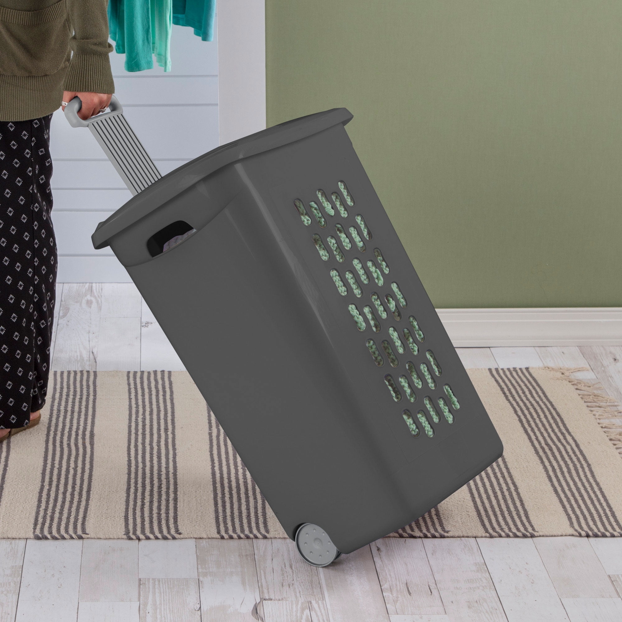 Sterilite 3-Pack Ultra Wheeled Hamper, Laundry Basket with Lid and Handle, Flat Gray