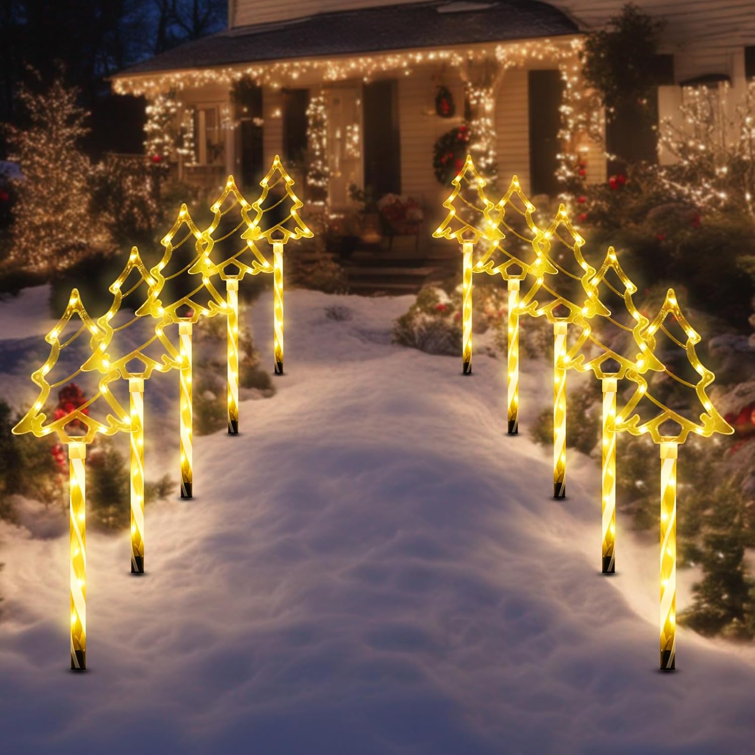 Christmas Solar Pathway Lights Outdoor Decorations, 8 Modes Xmas Tree Candy Lights Waterproof Led Garden Stake Light for Walkway Yard Lawn Porch Holiday Decor 5-Pack