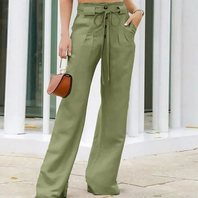 YYDGH Womens High Waisted Drawstring Button Down Pants Casual Solid Color  Pleated Wide Leg Trousers Army Green XL