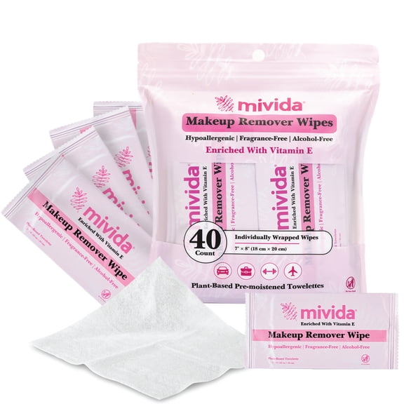 mivida Individually Wrapped Makeup Remover Wipes with Vitamin E, Fragrance-Free, 40 Count