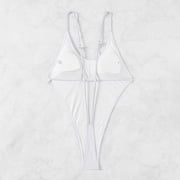 Womens High Cut Swimsuits Sexy Open Back Bikinis One Piece Swimwear Ajdustable Spaghetti Strap Thong Bathing Suit White, L
