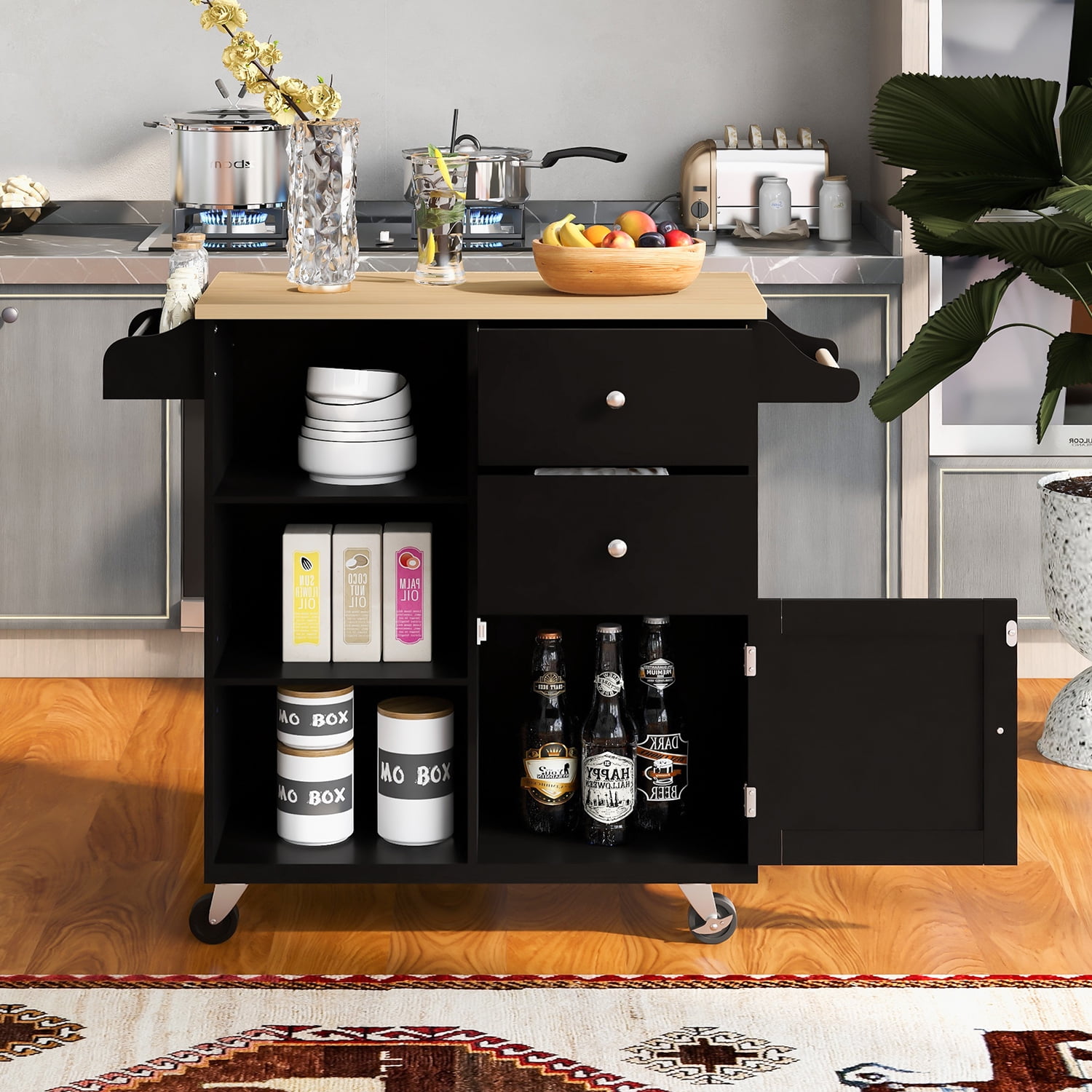 Kepooman Rubber Wood Kitchen Cart with Locking Wheels & 3 Open Shelves, Towel Rack, Kitchen Trolley for Indoor Spaces in Black Kepooman Rubber Wood Kitchen Cart with Locking Wheels & 3 Open Shelves, Towel Rack, Kitchen Trolley for Indoor Spaces in Black