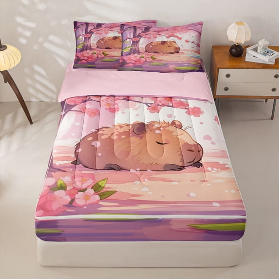 Manfei Cute Capybara Zipper Twin Comforter Sets with Fitted Sheet and 2 Pillowcases,Lovely Flowers Zipper Bedding Set,Purple Pink,Pink Reversible,4pcs
