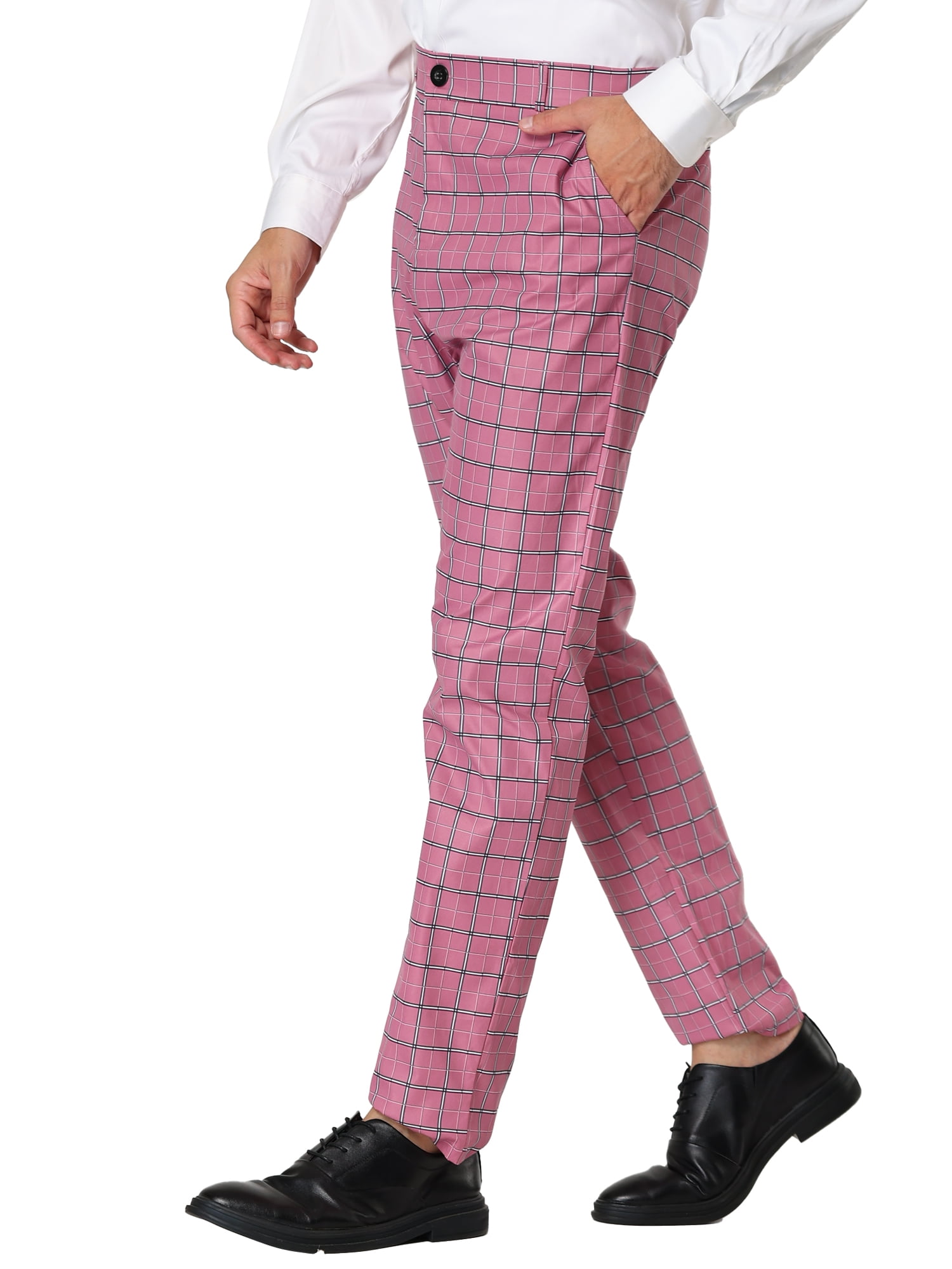 Unique Bargains Men's Business Flat Front Plaid Pants Casual Checked Trousers 30 Pink