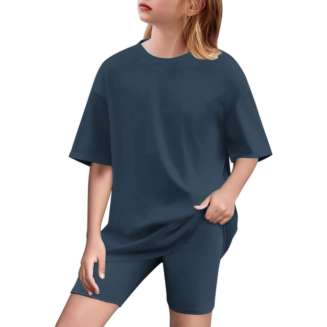 Vêtements d'Été pour Filles, T-Shirt Col Rond Surdimensionné + Shorts de Cycliste 2 Pcs Tenues d'Été