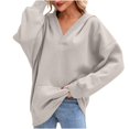 thumbnail image 2 of Women's Casual V-neck Pullover Long-sleeve Solid Color Fleece-lined Hooded Sweatshirt Top, Warm and Comfortable Hoodie for Winter Season,Light Gray,M, 2 of 6