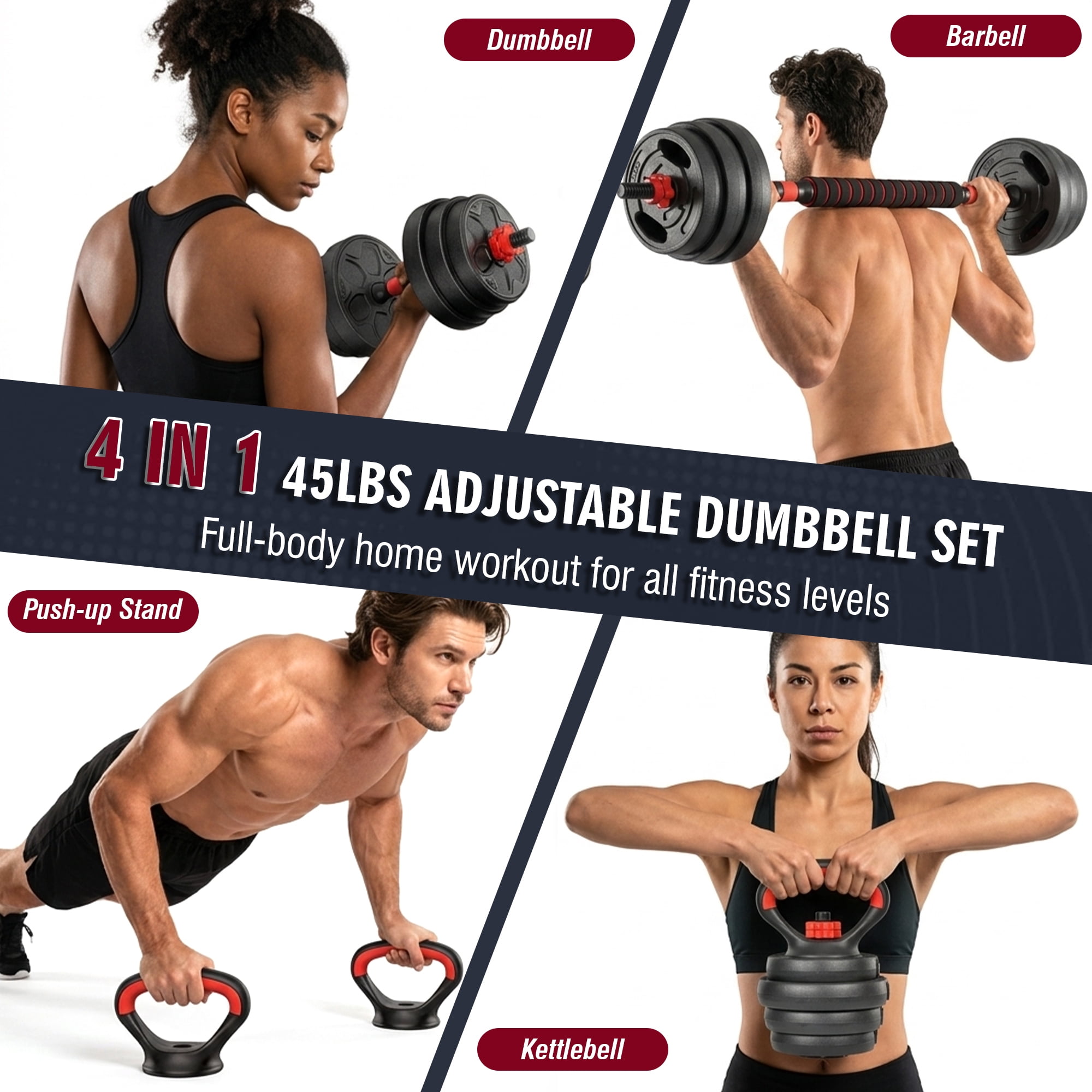 Leumius Adjustable Dumbbell Set,66LBS 4-in-1 Adjustable Weights Dumbbells, Barbell, Kettlebells with Anti-slip Silicone Grip,Weight Set for Home Gym Suit both Men and Women,Black