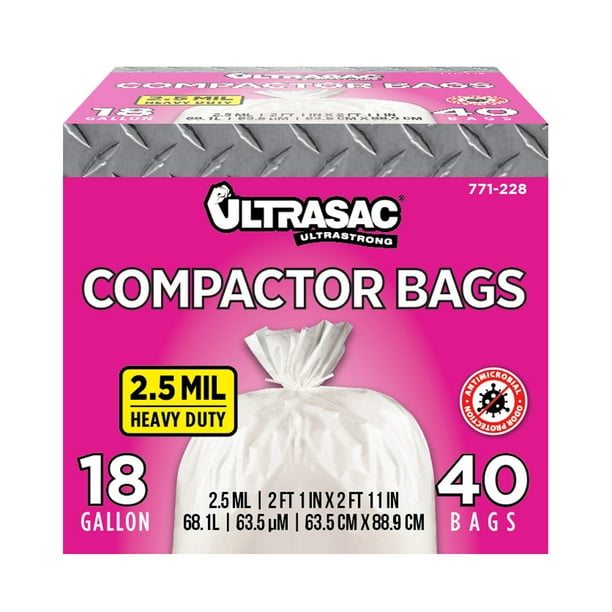 Trash Compactor Bags (40 Pack with Ties) 18 Gallon for 15 inch