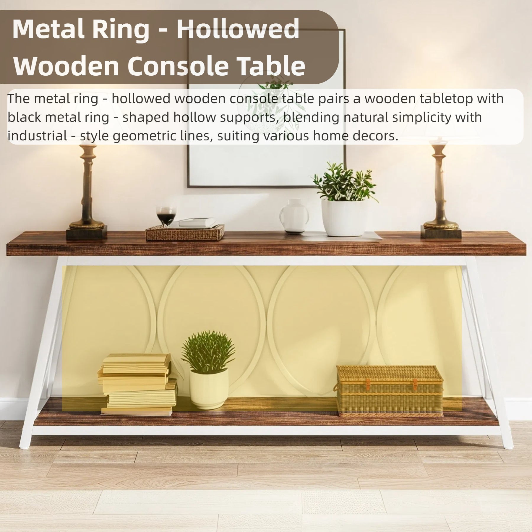 Fnova 70.87" Farmhouse Console Table for Entryway, 2-Tier Storage Long Narrow Wood Entryway Table, Metal Frame, Easy Assembly, Brown White