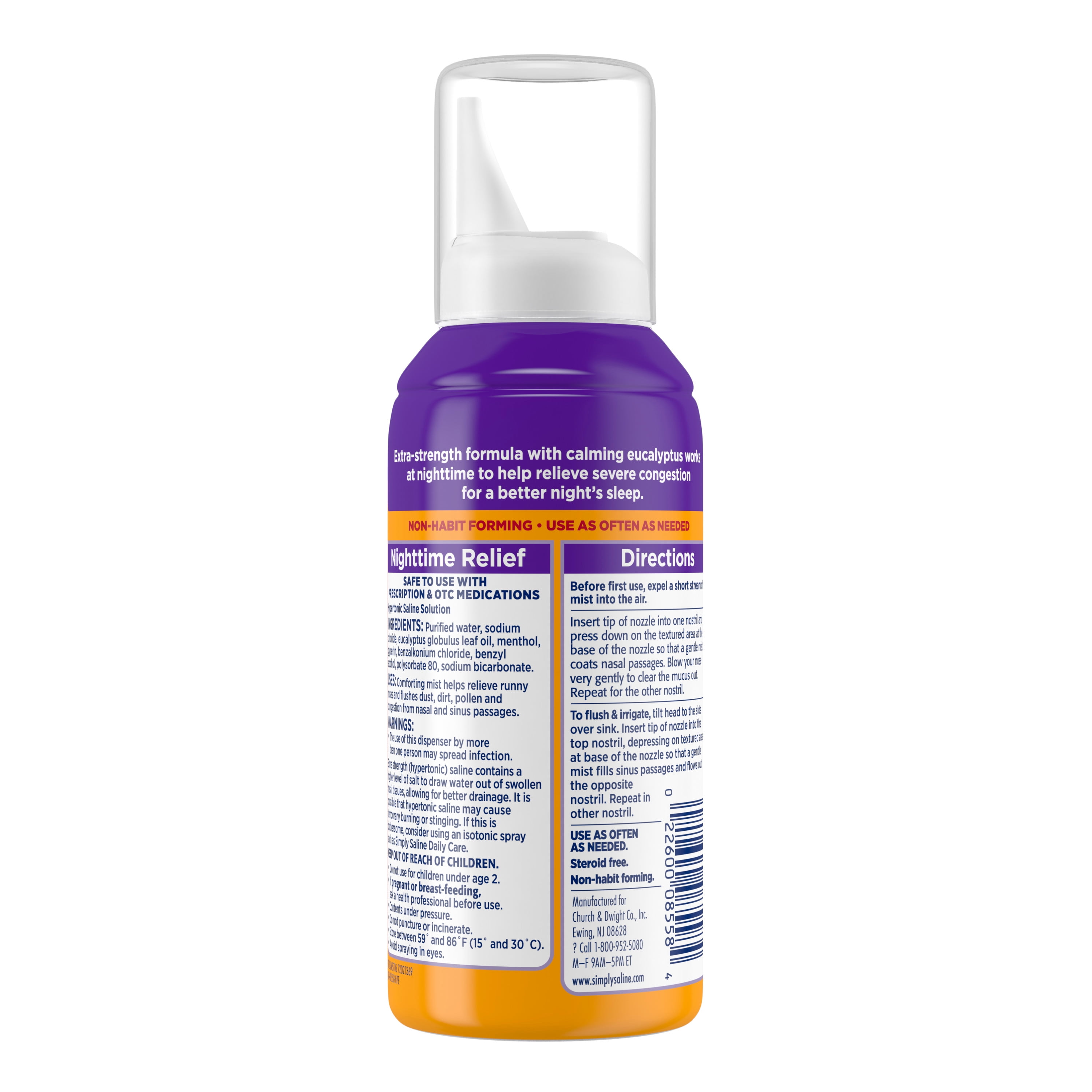 (4 pack) ARM & HAMMER Simply Saline Nighttime Drug-Free Mist for Nasal Congestion at Night, Extra Strength, Calming Eucalyptus, Safe to Use with Rx and OTC, For Adults and Kids Ages 2+, 4.6 oz (129 g)