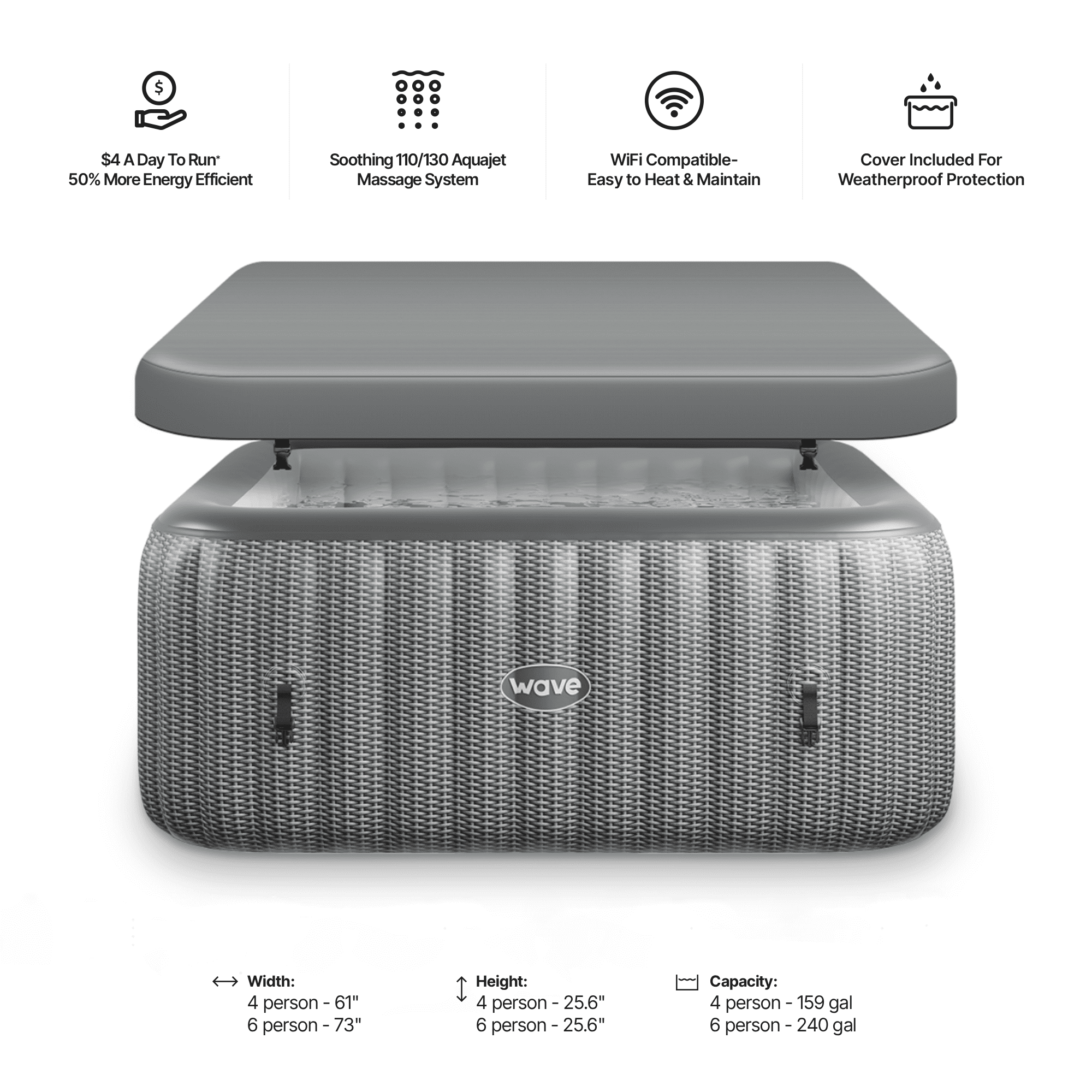 Wave Pacific 4-Person Square Inflatable Hot Tub | 110-Jet AquaJet, Heater | Gray Rattan