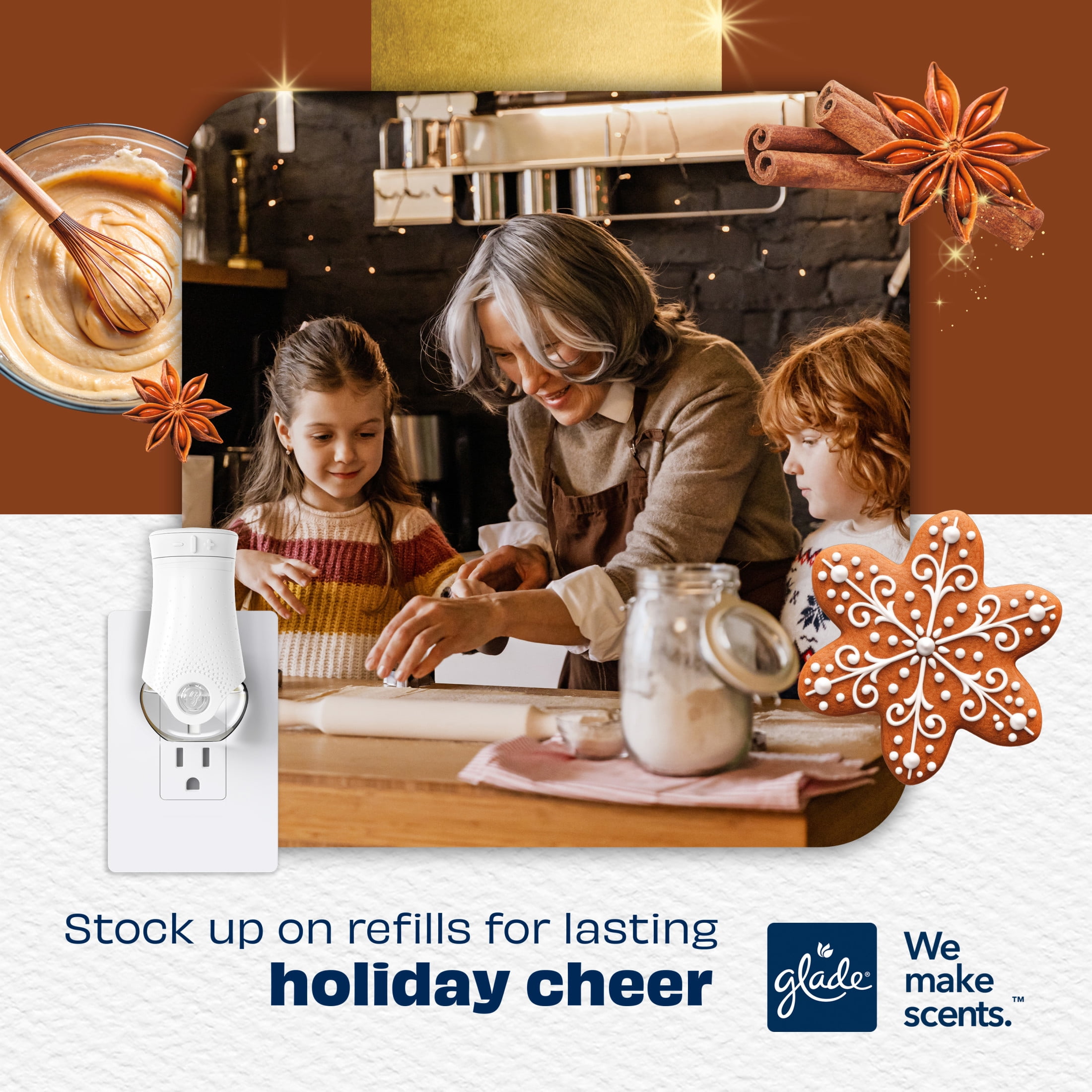 Glade® PlugIns® Starter Kit, Air Freshener, Cozy Gingerbread, 1.34 fl oz, 1 Warmer + 2 Refills