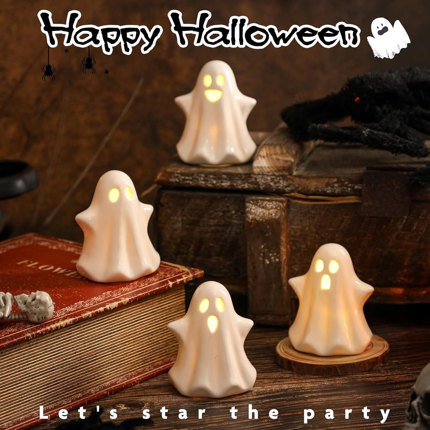 4 Pack Light Up Ceramic Ghost Figurines with LED for Halloween Decor