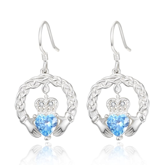 TANGPOET 925 Sterling Silver Claddagh Dangle Earrings for Women, Celtic Knot Hoops with Blue Heart Aquamarine Jewelry