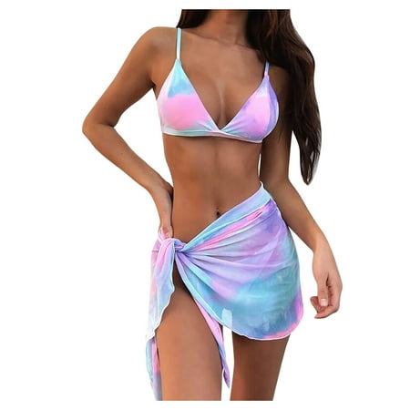 Women s Split High Waist Tie-Dye Printed Three-Piece Skirt Style Mesh Bikini Female Bathing Suit Push Up Set Sports pool