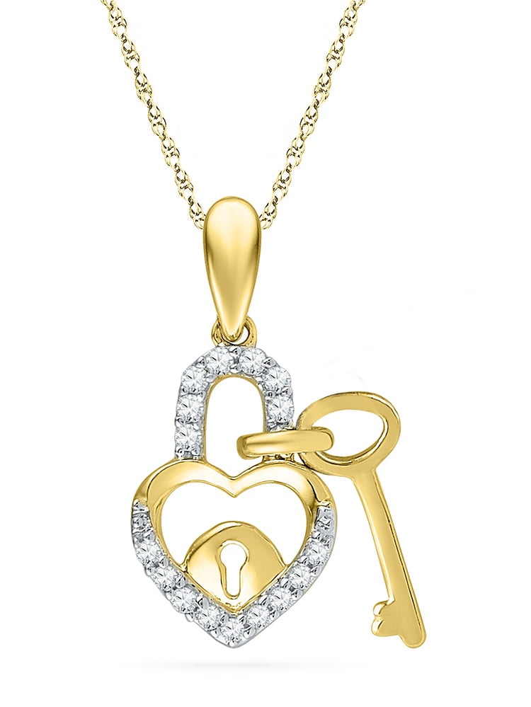 10K Yellow Gold Diamond Heart Lock Key Dangle Necklace Pendant 1/10 Ctw.