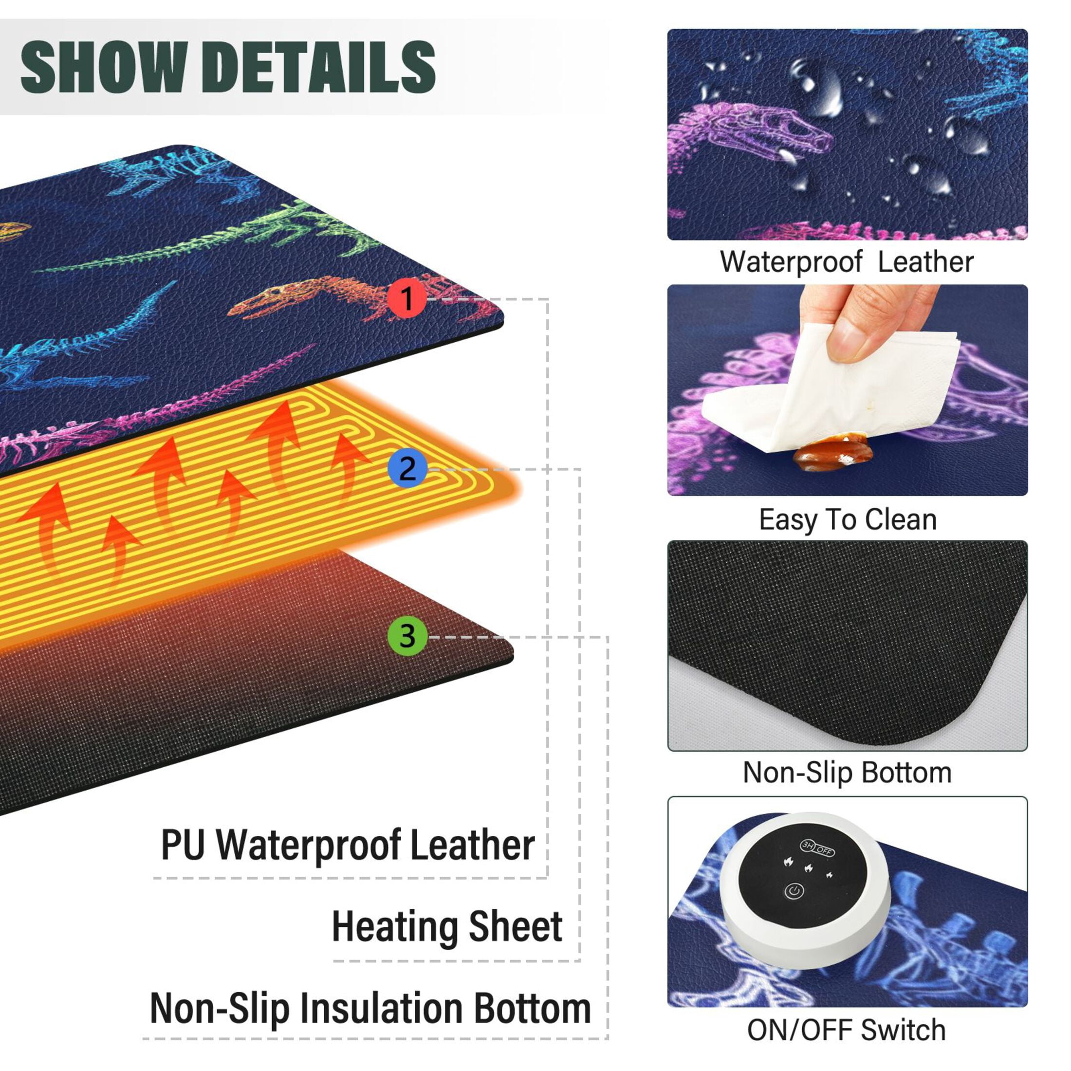 Large Heated Desk Mat Mouse Pad 31.5"x13"PU Leather Graphene Heating Desk Warmer with 3 Temperature Settings 110V US Plug Non-Slip Warm Pad for Home, Office, and Gaming Vividly Colored Dinosaur Bones