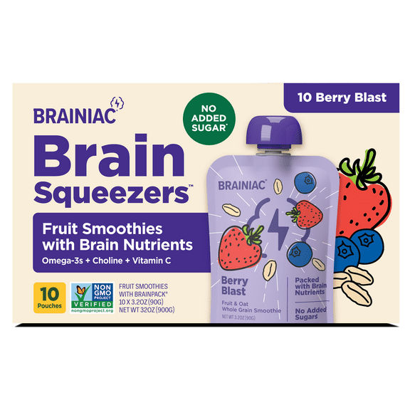 Brainiac Brain Squeezers Fruit & Oat with Omega-3s, Berry Blast, No Sugar Added, 3.2 oz, 10 pack