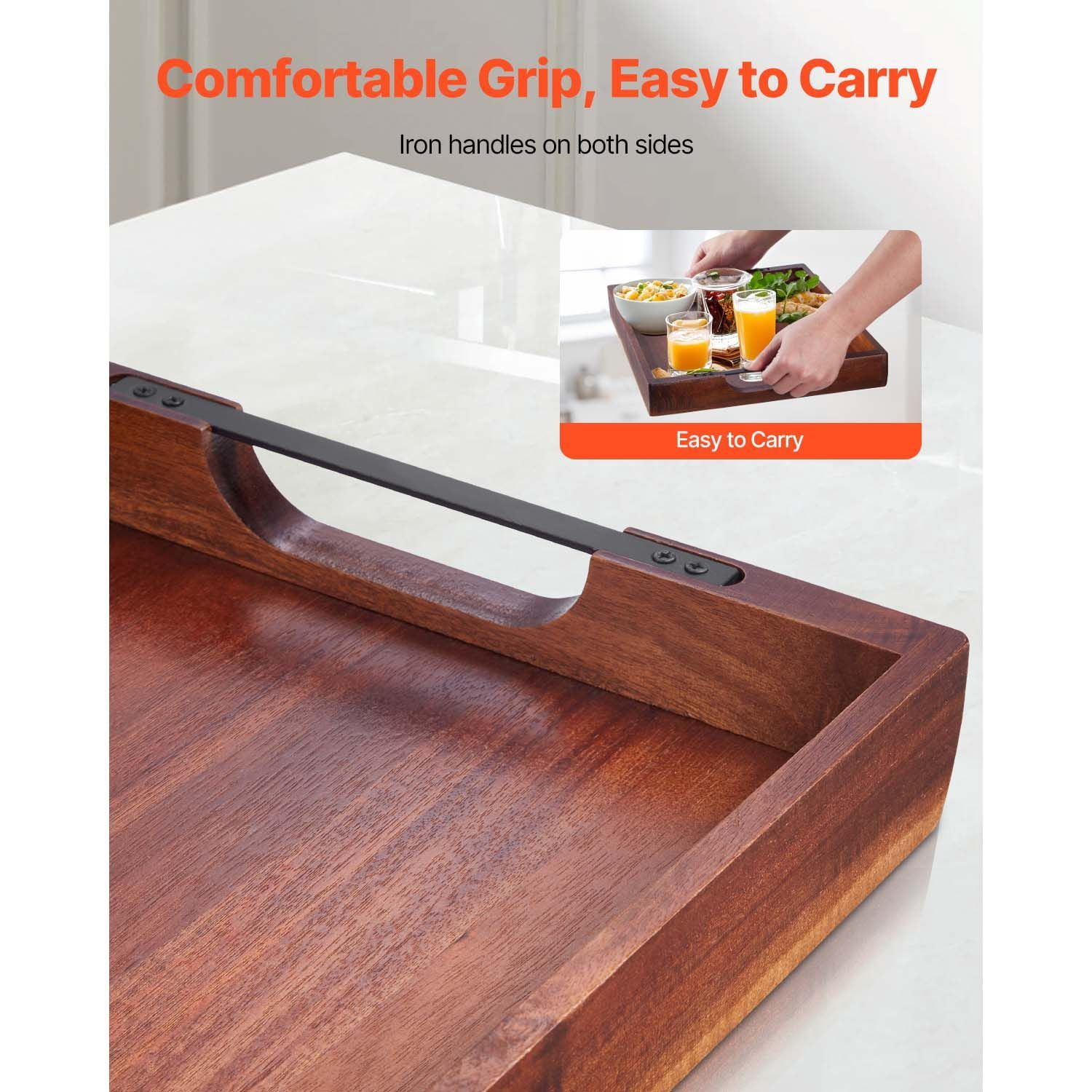 Wooden Serving Tray 17x12.2x1.97 Inch, Acacia Wood with Iron Handles, Durable Bonded Assembly, Versatile for Dining Table Kitchen Living Room Bar