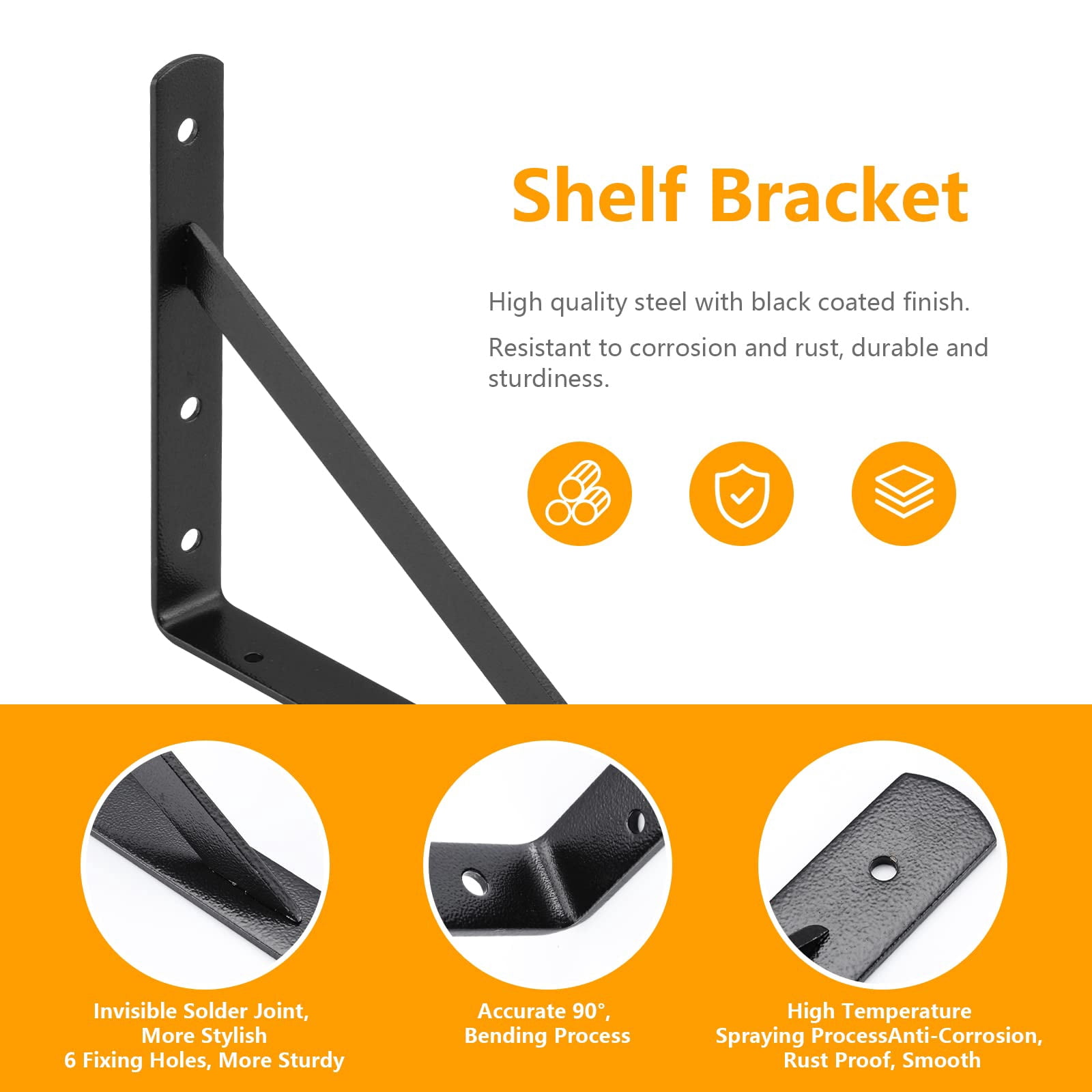 Heavy Duty Shelf Brackets 12 X 8 Inches  6 Pack Black Metal Shelves Supports Load Capacity: 600 Lb Wall Mounted Angle L Floating Bracket Rough Texture Powder Coating
