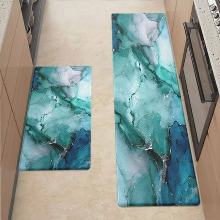 

Anti Fatigue Kitchen Mat Marble Pattern Blue Gold Sets of 2 Kitchen Rugs Non Slip Cushioned Standing Mat for Sink Floor Laundry Office Desk Mid 17.3 x 29 + Ultra 17.3 x 70.8