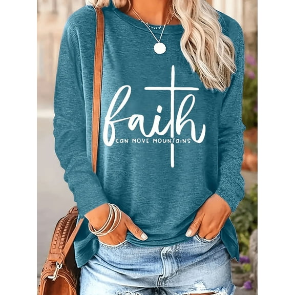 Women's Casual Letter Print Round Neck T-Shirt Faith Inspirational Long Sleeve Pullover Tops Sweatshirt