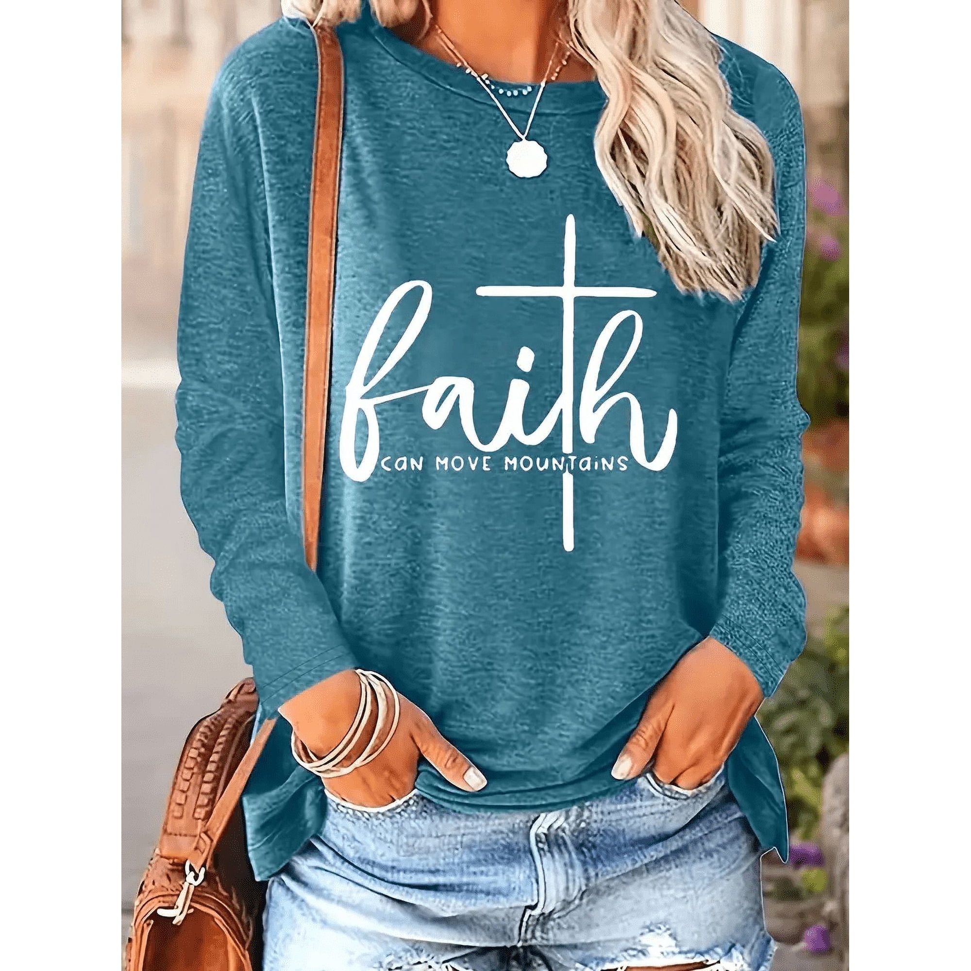 Zukuco Women's Letter Print FAITH Long Sleeve Casual Pullover Sweatshirt Tops Fall Round Neck Tee