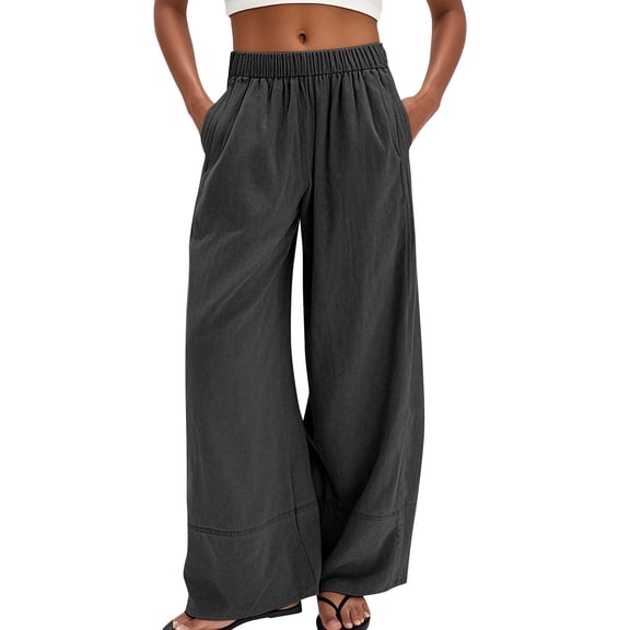 High Waisted Linen Pants Women,Women's High Waist Wide Leg Pants, Elastic Waistband 2025 Summer Casual Bottoms Black XL