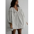 thumbnail image 3 of Women's White Stripe Checkered Frilled V Neck Bracelet Sleeve Babydoll Dress | [ZhiHiMeRi] | (US 12-14)L, 3 of 12