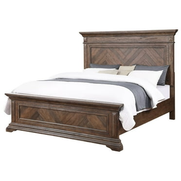 Benjara Marv Queen Size Bed, Parquet Pattern, Traditional Style, Brushed Brown Wood
