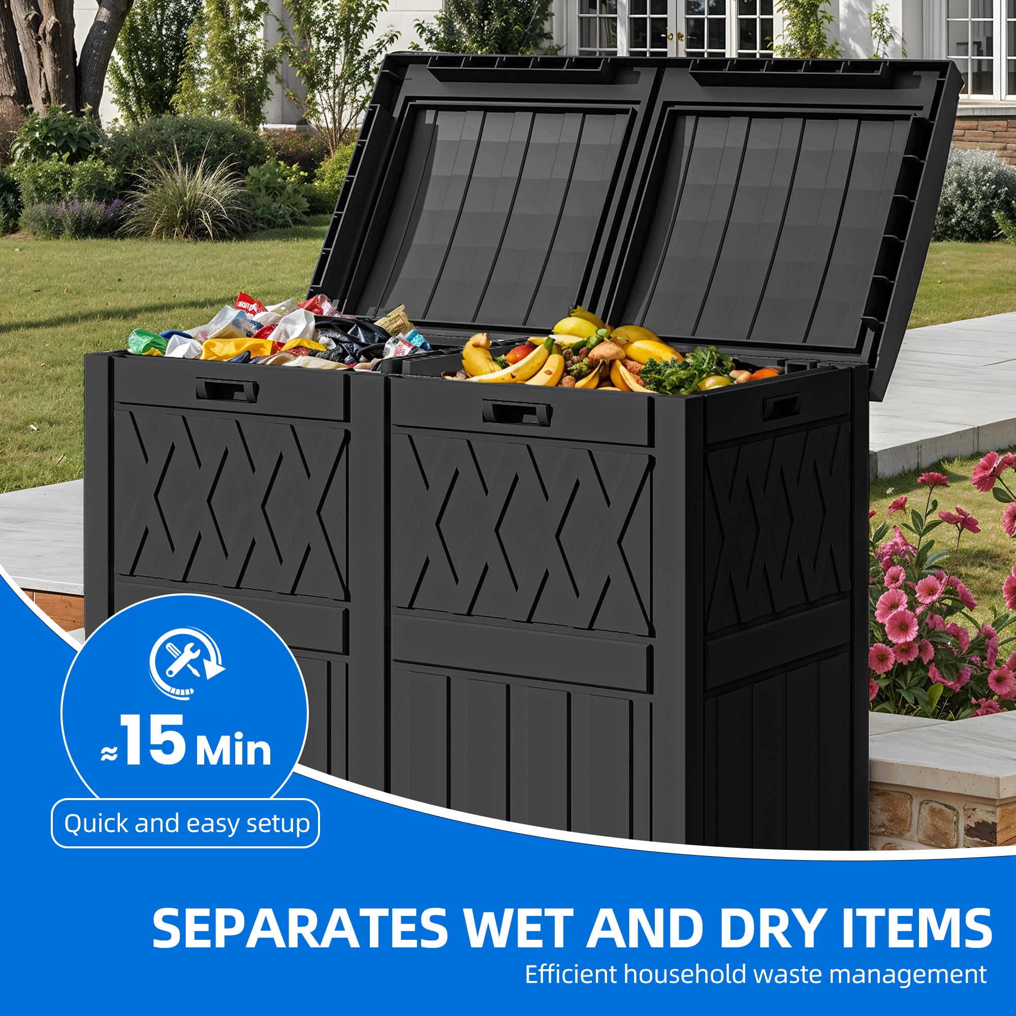 Dextrus 76 Gal Resin Outdoor Garbage Bin, Dual Can Design, Tiered Lid & Drip Tray, Black
