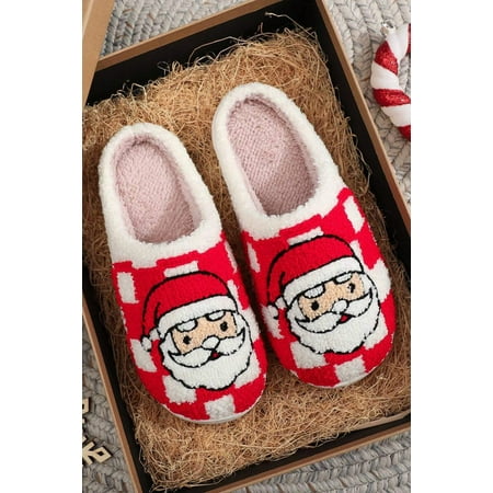 

Fiery Red Checkered Santa Claus Graphic Plush Home Slippers