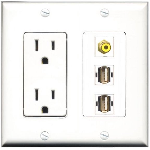 RiteAV - 15 Amp Power Outlet 1 Port RCA Yellow 2 Port USB A-A Decorative Wall Plate