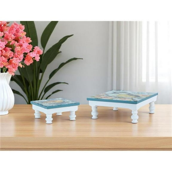 HomeRoots 634496 Blue & White Solid & Manufactured Wood Floral Square Riser Tray - Set of 2