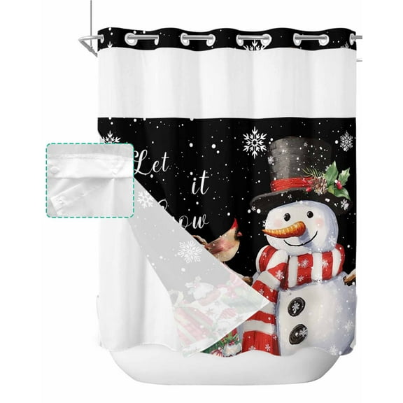No Hook Shower Curtain with Snap in Liner, Christmas Snowman and Gifts Black Hotel Shower Curtains for Bathroom, Washable Shower Curtain Liner Set with Mesh Top Window, 72”x78”