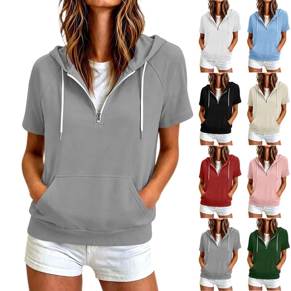 Frostluinai Women's Short Sleeve Half Zipper Hoodie Casual Raglan Pullover Basic Solid Lightweight Fall Sweatshirts with Pocket S-XXL